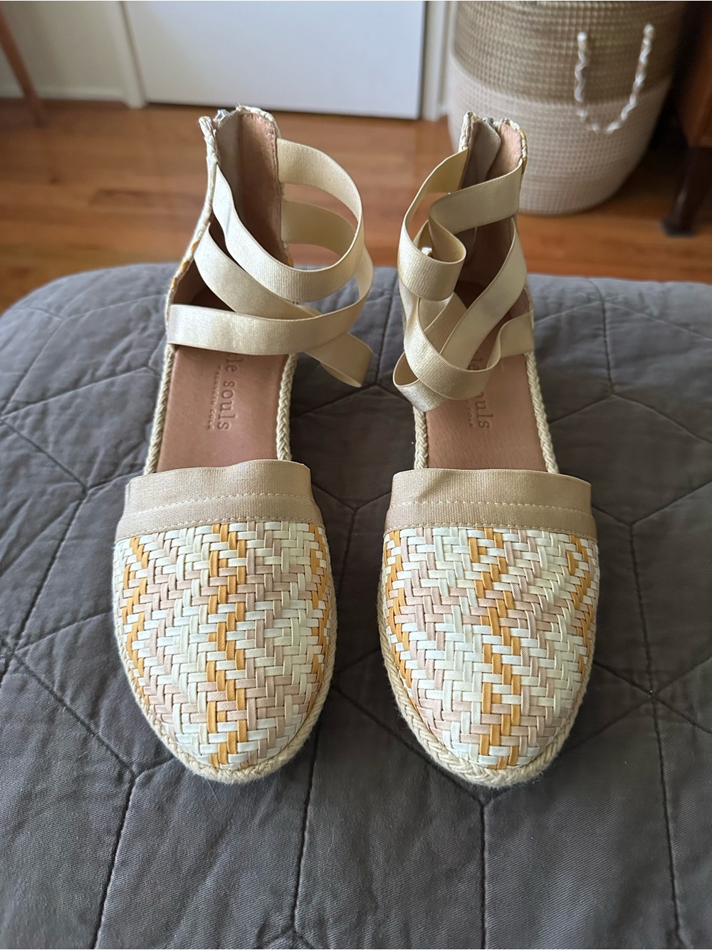 Gentle Souls Woven Espadrille Ankle-Tie Flats in Beige and Yellow